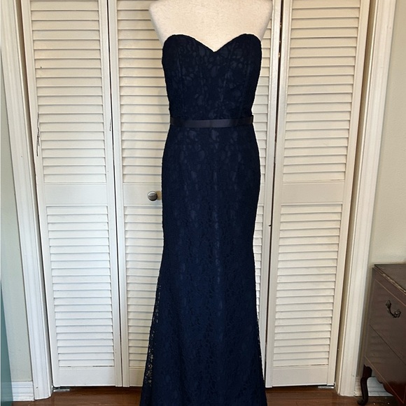 Strapless Navy Lace Evening Gown with Satin Waist